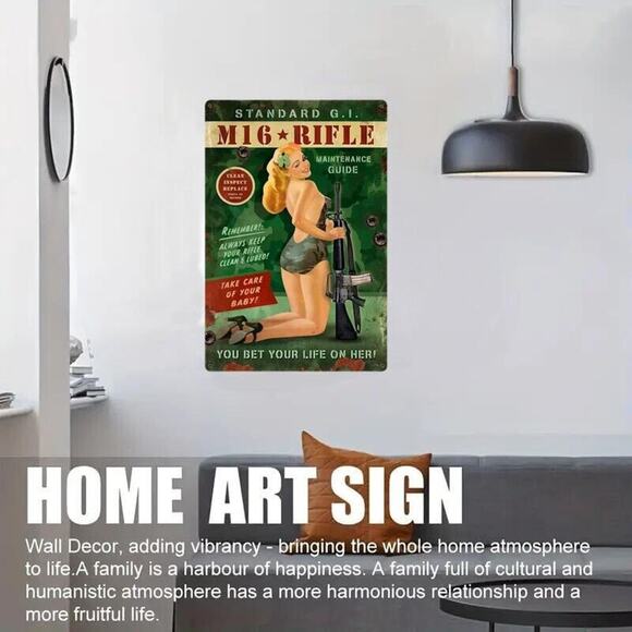 Tin Metal Sign • Marine Corp • Army • Pinup Girl Holding M16 Rifle •World War II - Picture 3 of 10